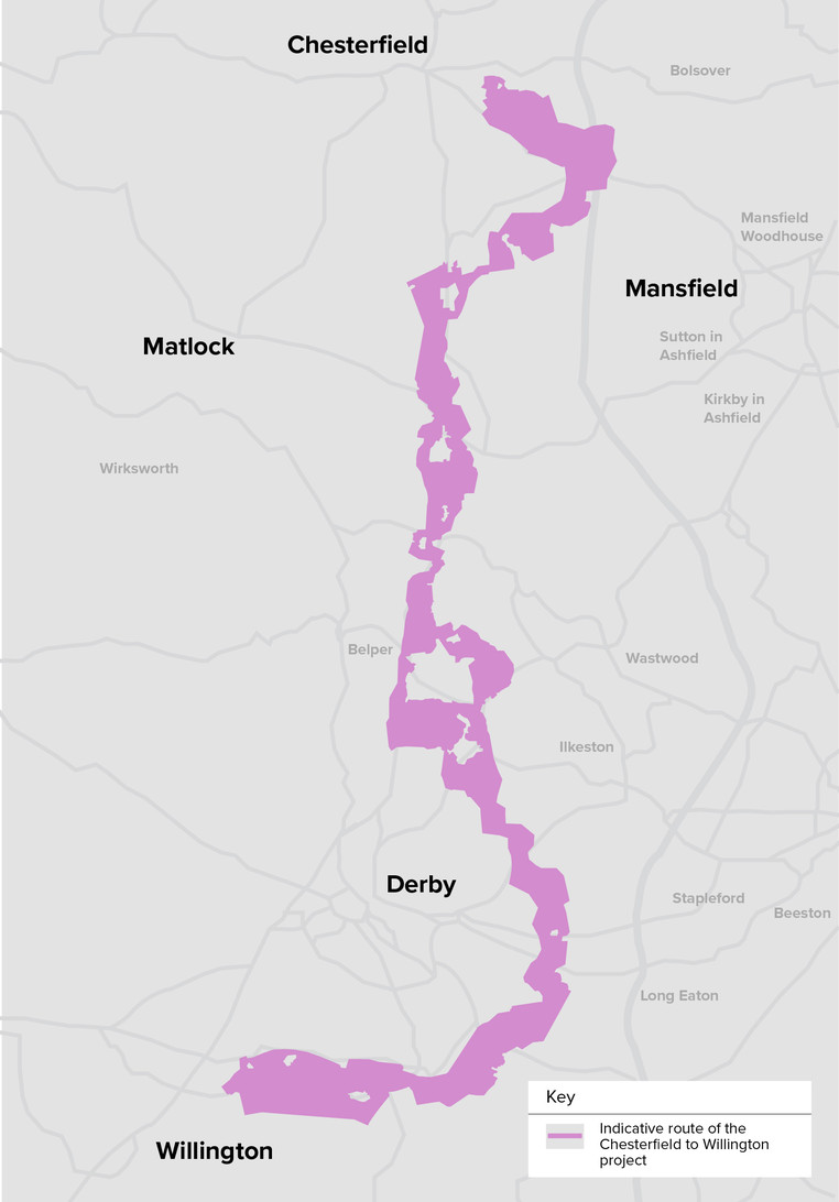 Emerging Preferred Corridor route of the Chesterfield to Willington project